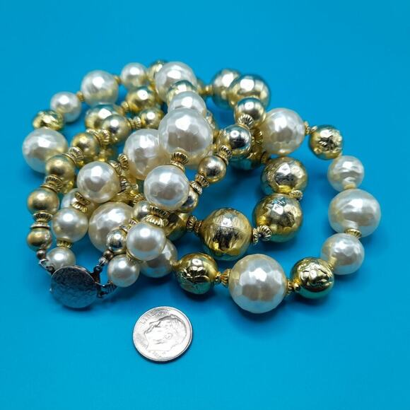 Mid-Century Two Strand Large Bead Necklace, Faux Pearls, Gold Globe Beads, 18 In - Picture 9 of 11